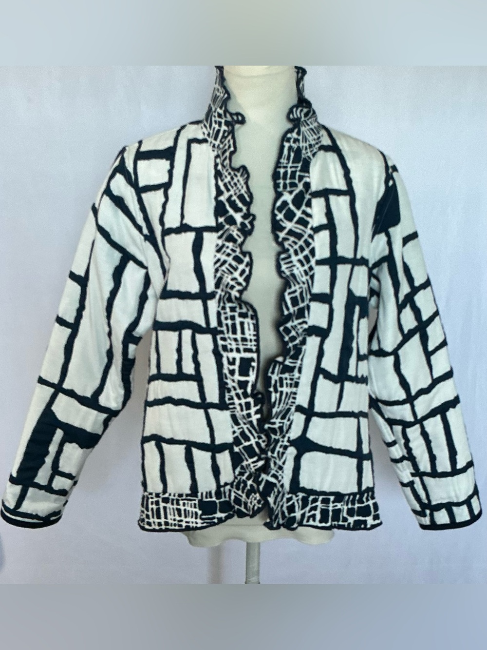 Trimdin Navy Ivory Reversible Ruffle Artisan Jacket Geometric - Picture 2 of 13